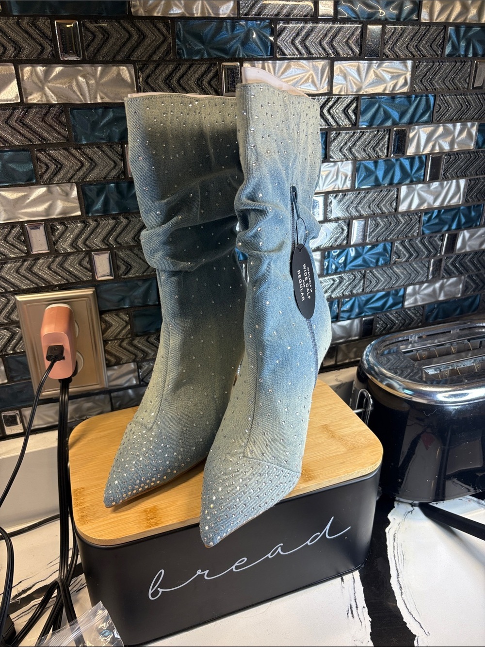Thalia Sodi Denim Blue Rhinestone Slouchy Pointed-Toe Stiletto Boots
